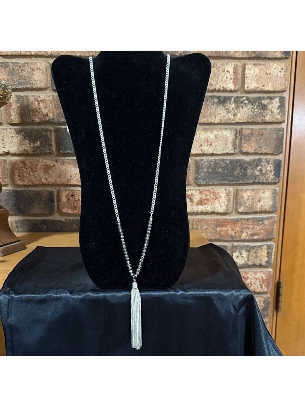 Silver tone chain and AB tassel Modern Necklace